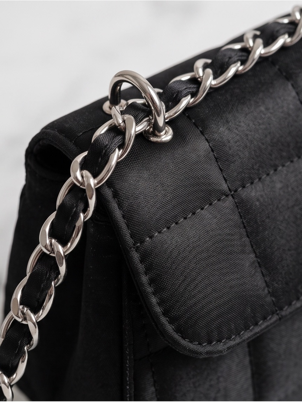 Fairweather Black Satin Quilted Mini Shoulder Bag Silver Chain - Picture 5 of 7